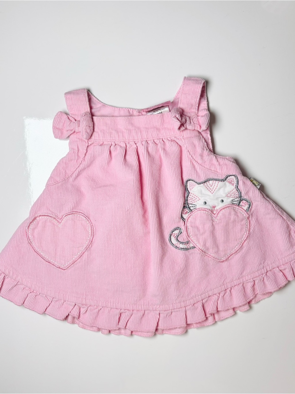 Vintage Duck Duck Goose Pink Corduroy Kitty Cat Heart Pocket Jumper Dress 0-3M